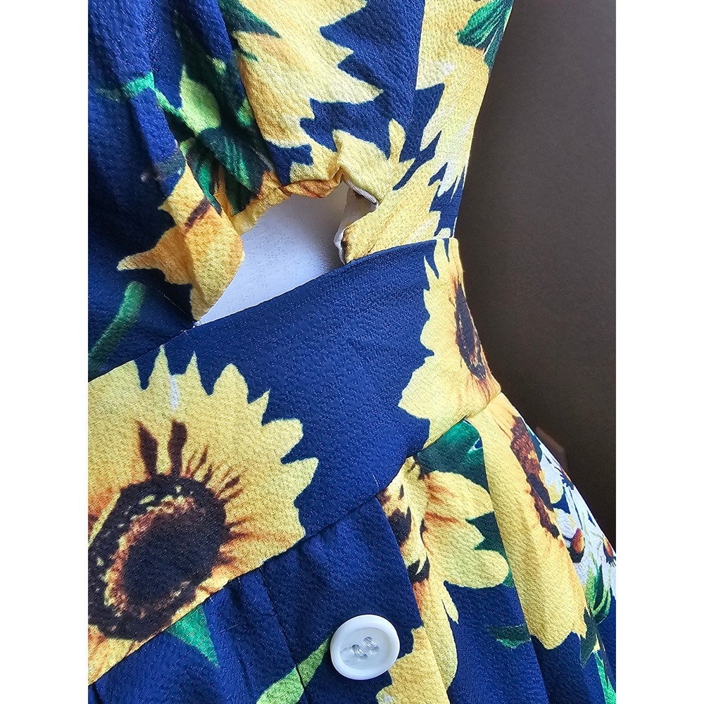 FANCYINN Sunflower Midi Dress Women Medium Blue Cutout Front Smocked Back - Picture 8 of 8